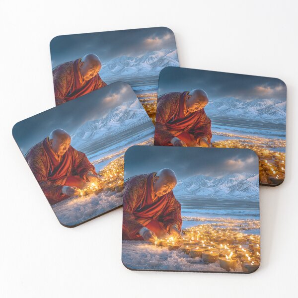 Item preview, Monk Lighting Candles in Serene Snowy Mountains designed and sold by Artessie.