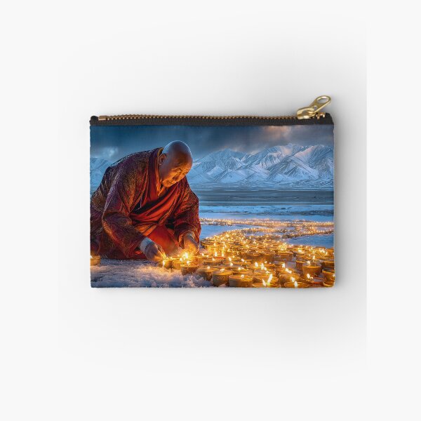 Item preview, Monk Lighting Candles in Serene Snowy Mountains designed and sold by Artessie.