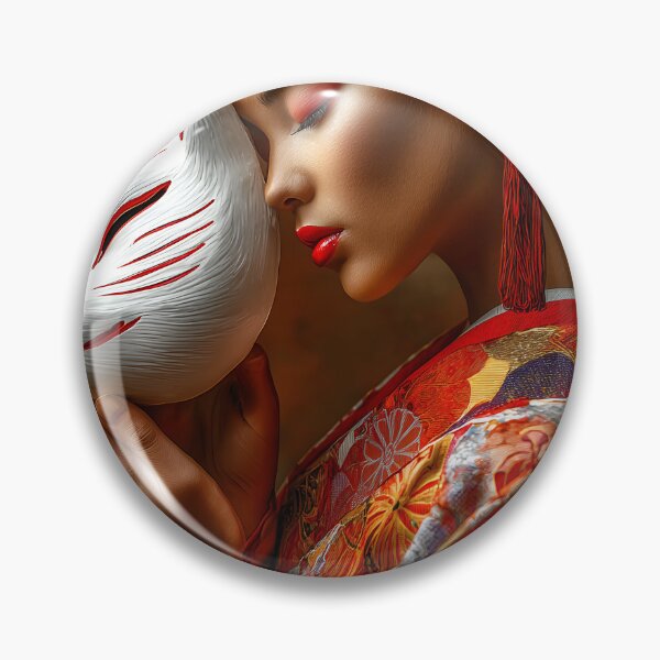 Item preview, Elegant Woman with Fox Mask in Rich Kimono Attire designed and sold by Artessie.