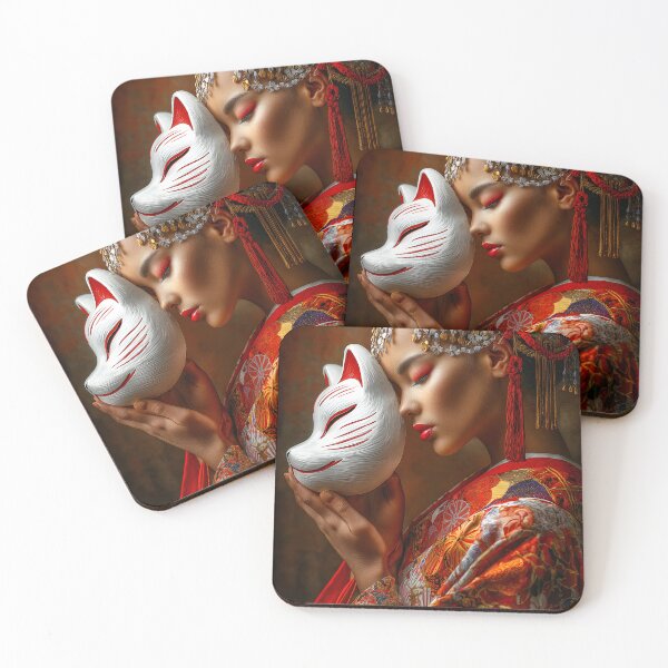 Item preview, Elegant Woman with Fox Mask in Rich Kimono Attire designed and sold by Artessie.