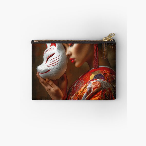 Item preview, Elegant Woman with Fox Mask in Rich Kimono Attire designed and sold by Artessie.