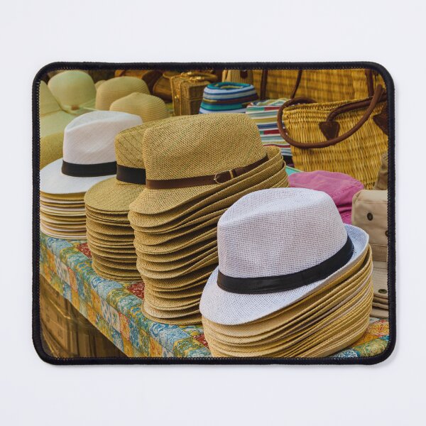 Item preview, Stacks of Straw Hats and Summer Headwear on a Colorful Outdoor Market Stall Display designed and sold by Nmallia.