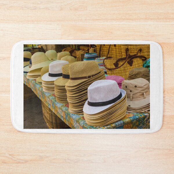 Item preview, Stacks of Straw Hats and Summer Headwear on a Colorful Outdoor Market Stall Display designed and sold by Nmallia.