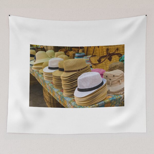 Item preview, Stacks of Straw Hats and Summer Headwear on a Colorful Outdoor Market Stall Display designed and sold by Nmallia.