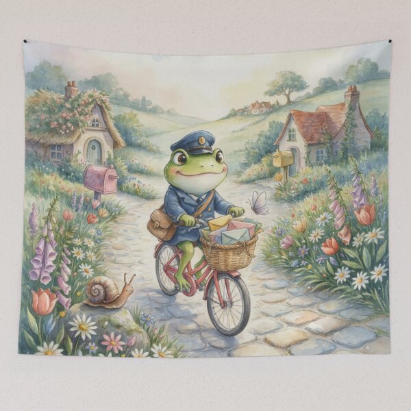 Item preview, Frog Postman in an Enchanted Flower Village – Whimsical Cottagecore Storybook Art designed and sold by Tamas Das.