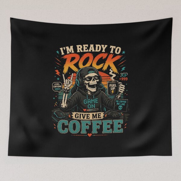 Item preview, I’m Ready To Rock Give Me Coffee Gaming Edition T-Shirt – Funny Retro Rock Coffee Graphic Tee designed and sold by Artimax-Studio.