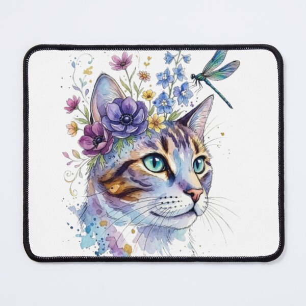 Item preview, Watercolor Floral Cat with Dragonfly Illustration designed and sold by Sticker Art Shop.