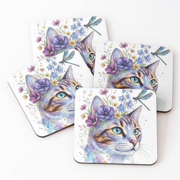 Aperçu de l'œuvre Illustration aquarelle d'un chat fleuri avec une libellule créée et vendue par Sticker Art Shop.