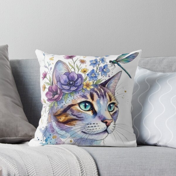 Item preview, Watercolor Floral Cat with Dragonfly Illustration designed and sold by Sticker Art Shop.
