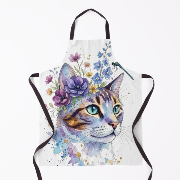 Item preview, Watercolor Floral Cat with Dragonfly Illustration designed and sold by Sticker Art Shop.