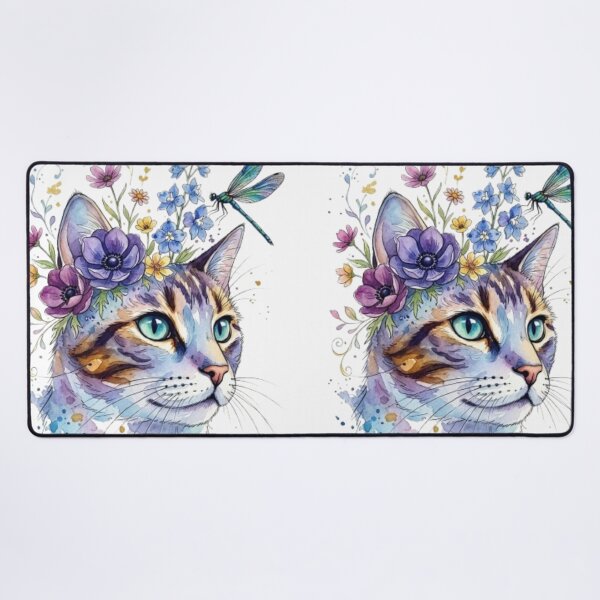 Item preview, Watercolor Floral Cat with Dragonfly Illustration designed and sold by Sticker Art Shop.