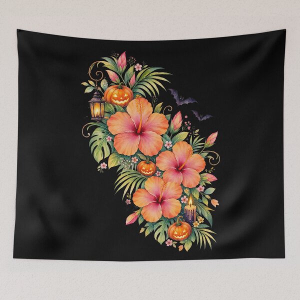 Item preview, Tropical Halloween Watercolor Orange Pink Hibiscus Pumpkin Bouquet designed and sold by IamNolmo.