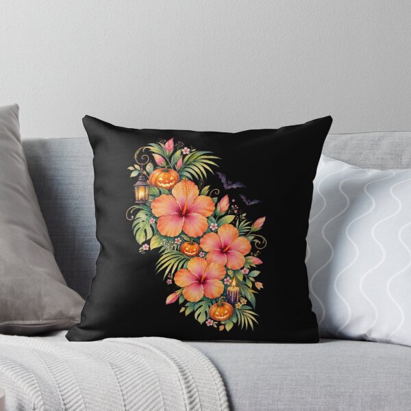 Item preview, Tropical Halloween Watercolor Orange Pink Hibiscus Pumpkin Bouquet designed and sold by IamNolmo.