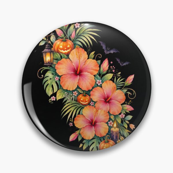 Item preview, Tropical Halloween Watercolor Orange Pink Hibiscus Pumpkin Bouquet designed and sold by IamNolmo.