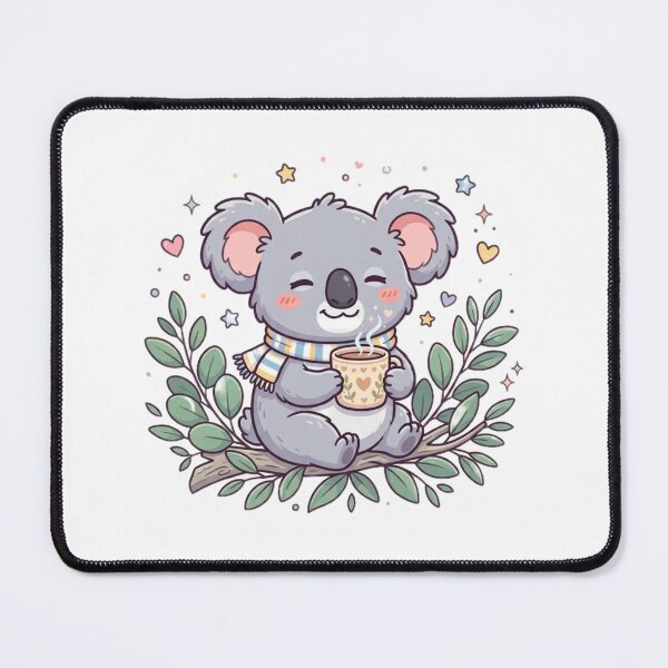 Item preview, Cute Kawaii Cozy Koala Sticker — Sleepy Bear with Warm Drink & Eucalyptus Leaves Illustration designed and sold by Tinydoodlenest .