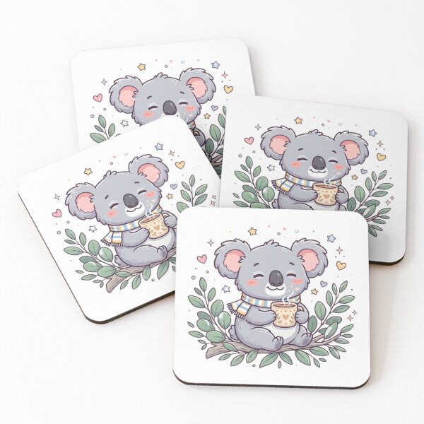 Item preview, Cute Kawaii Cozy Koala Sticker — Sleepy Bear with Warm Drink & Eucalyptus Leaves Illustration designed and sold by Tinydoodlenest .