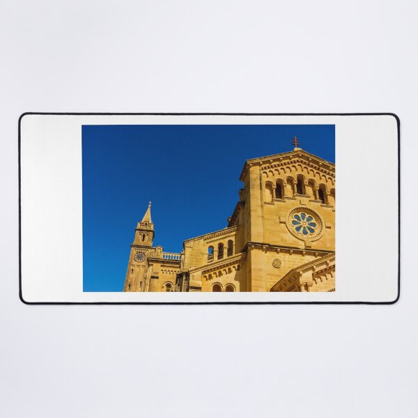 Item preview, Historic Stone Cathedral Facade With Clock Tower And Rose Window Against A Clear Blue Sky designed and sold by Nmallia.