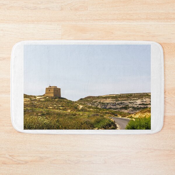 Item preview, Stone Coastal Watchtower on Rugged Mediterranean Hill Overlooking Winding Road and Sunny Landscape designed and sold by Nmallia.