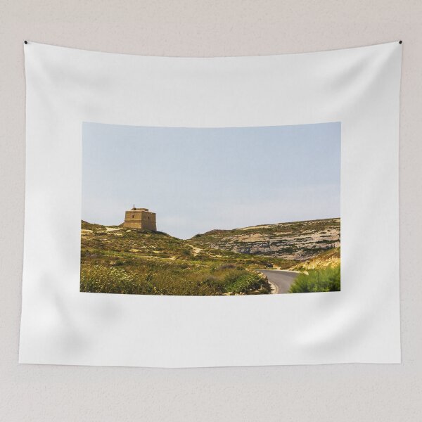 Item preview, Stone Coastal Watchtower on Rugged Mediterranean Hill Overlooking Winding Road and Sunny Landscape designed and sold by Nmallia.