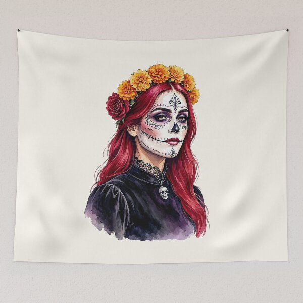 Item preview, Dia de los Muertos Sugar Skull Woman with Red Hair and Marigold Crown  designed and sold by SweetLilith.