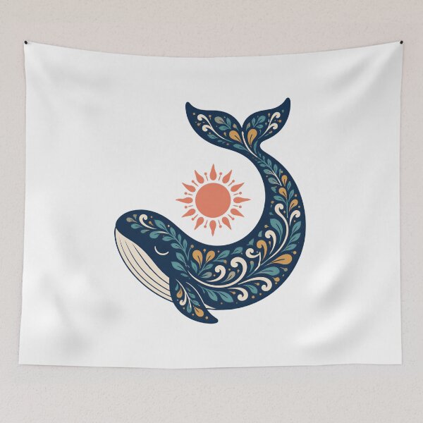 Item preview, Moby Dick Folk Whale - Floral Navy and Coral Sun designed and sold by Fenay Designs.