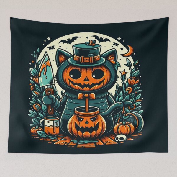 Item preview, Halloween Cat Pumpkin Teapot Spooky Retro Illustration designed and sold by BriSher.
