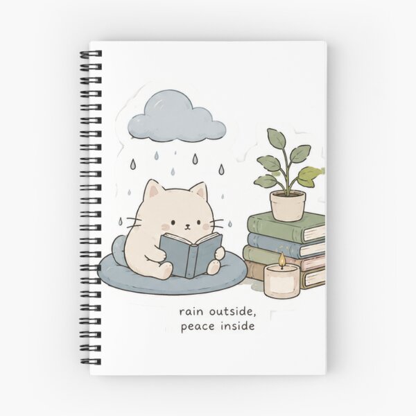 Aperçu de l'œuvre Autocollant Chat de lecture confortable pour les jours de pluie | « Il pleut dehors, la paix à l'intérieur » créée et vendue par PrintByte.