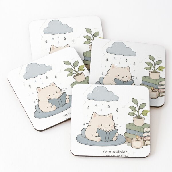 Item preview, Cozy Reading Cat Rainy Day Sticker | "Rain Outside, Peace Inside" designed and sold by PrintByte.