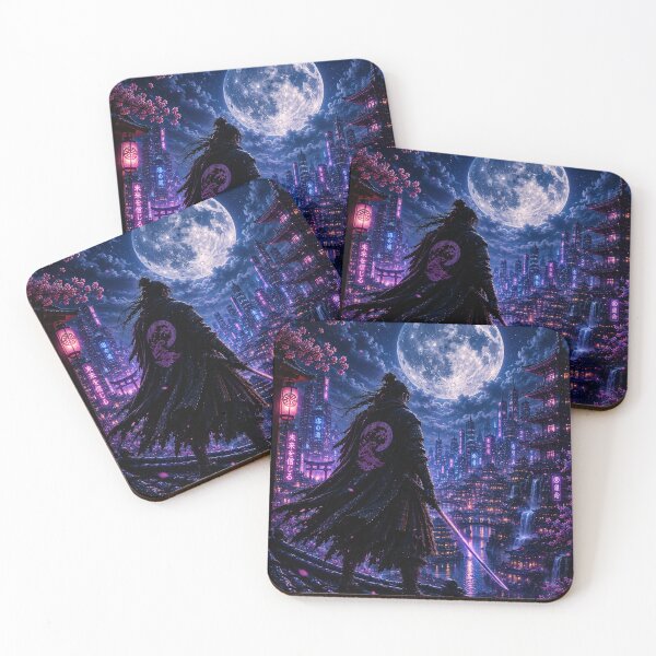 Item preview, Neon Samurai Moon – Japanese Cyberpunk Fantasy Art designed and sold by Lumvero.