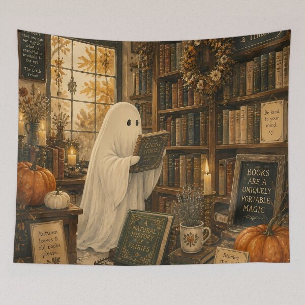 Item preview, Vintage Halloween Pumpkin Ghost Library Books Oil Painting designed and sold by GrinGalore.