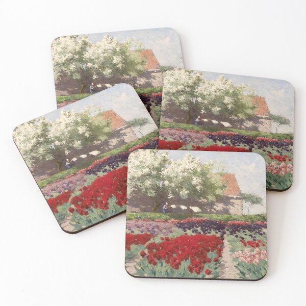 Item preview, Oxblood red, purple and pink blooming tulip fields and fruit trees landscape painting art print by Antonie Lodewijk Koster, circa 1900 designed and sold by Jéanpaul  Ferro.