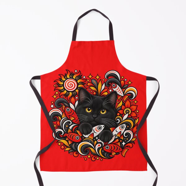Item preview, Black Cat Folk Art - Psychedelic Sun & Fishes Graphic Pattern designed and sold by PixelsPaws.