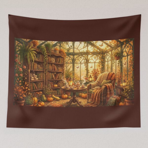 Item preview, Autumn Greenhouse Reading Room | Cozy Botanical Library Wall Art designed and sold by SebastianSpace.