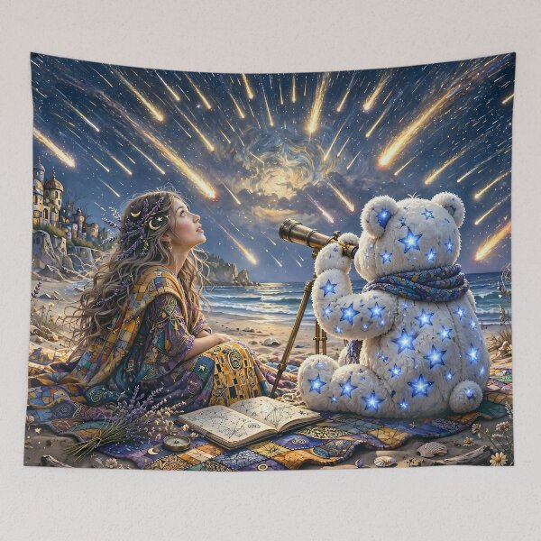 Item preview, Starry Teddy Bear and Girl on a Magical Beach designed and sold by m-y-A-I-A-R-T-.