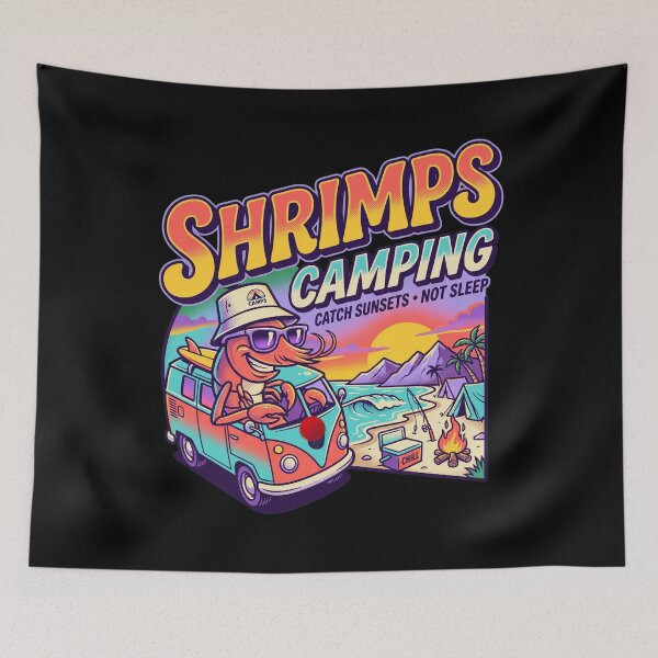 Item preview, 80s Retro Shrimps Camping Funny Summer Surf and Camper Van designed and sold by pawsome purrfect.