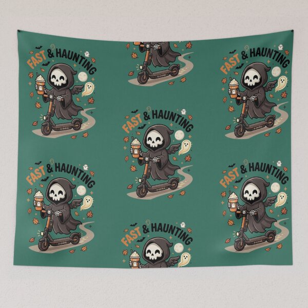 Item preview, Fast and Haunting - Cute Grim Reaper on Electric Scooter with Pumpkin Spice Latte designed and sold by LUKOWEAR.