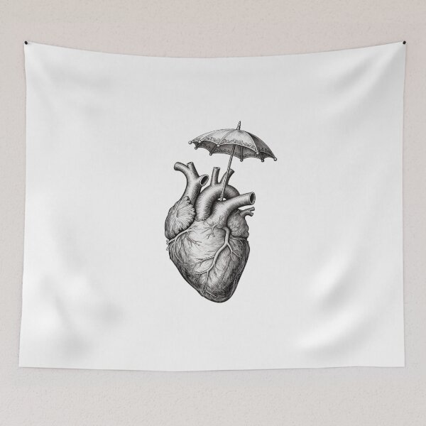 Item preview, Gothic Anatomical Heart Holding Umbrella Vintage Pencil Drawing designed and sold by OksArtStudio.