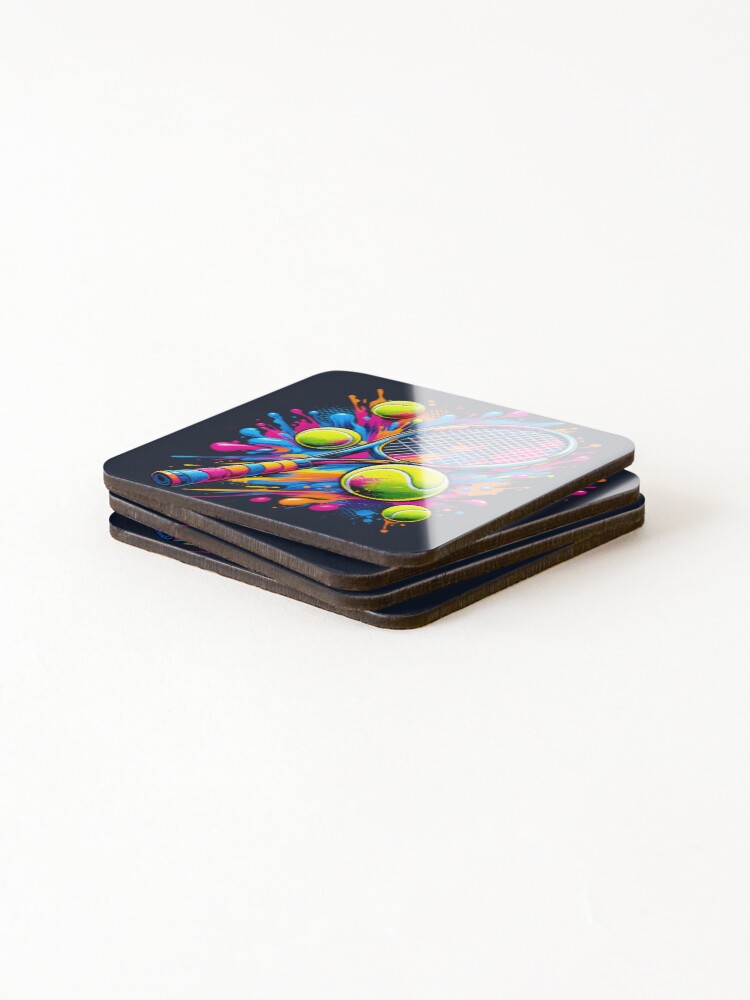 Thumbnail 4 of 5, Coasters (Set of 4), Neon Tennis Racket and Ball Splash designed and sold by VectorVortex.