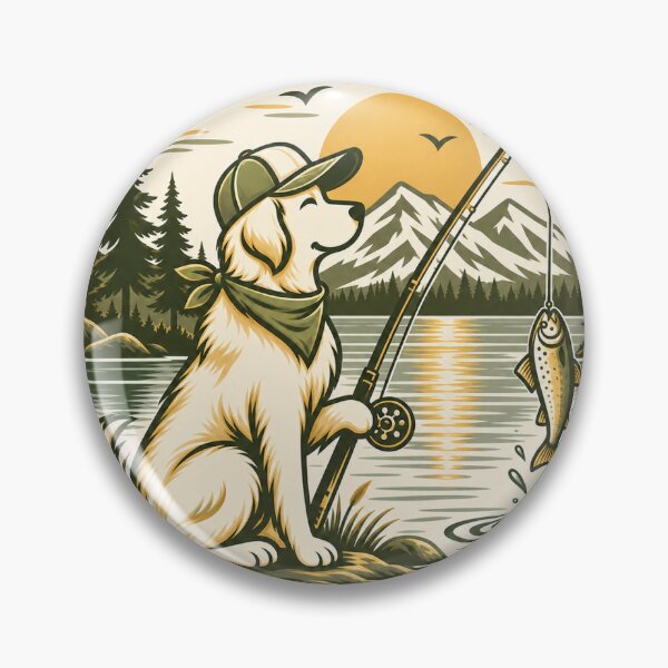 Item preview, Fishing Dog by the Lake – Vintage Retriever Outdoor Adventure Badge designed and sold by Rod & Retriever.