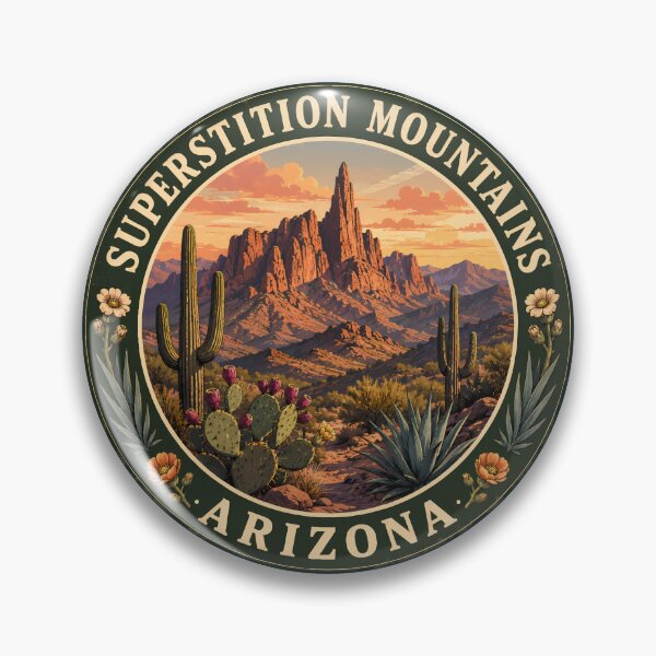 Item preview, Superstition Mountains Arizona Illustration Travel Art Badge designed and sold by KrisSidDesigns.