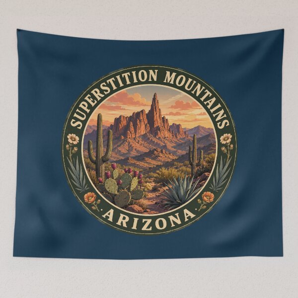 Item preview, Superstition Mountains Arizona Illustration Travel Art Badge designed and sold by KrisSidDesigns.