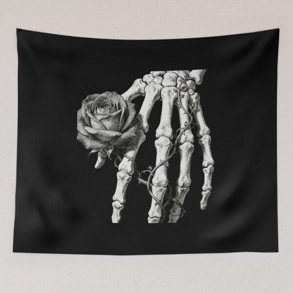 Item preview, Skeleton Hand Holding Rose Gothic Vintage Pencil Illustration designed and sold by OksArtStudio.
