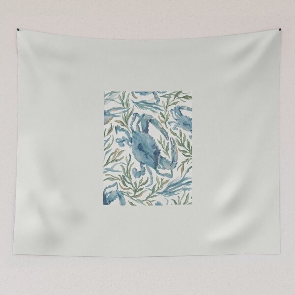 Item preview, Watercolor Blue Crab & Seaweed Pattern — Coastal Nautical Print designed and sold by FawnFeatherCo.