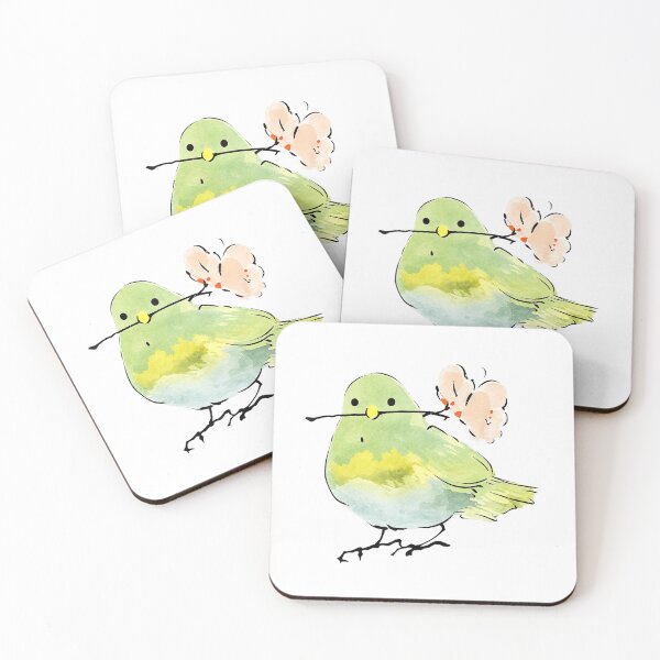 Item preview, Cute Green Bird Holding a Spring Blossom Watercolor Art designed and sold by TadeoNivar.