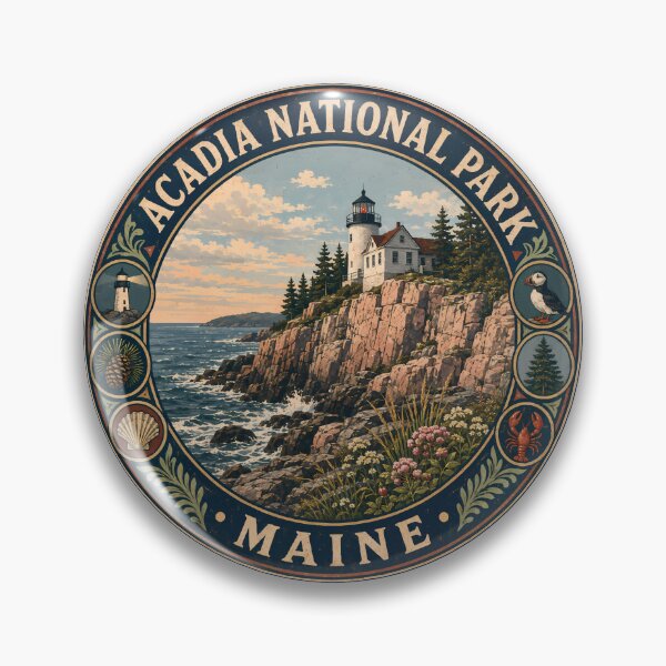 Item preview, Acadia National Park Maine Illustration Travel Art Badge designed and sold by KrisSidDesigns.
