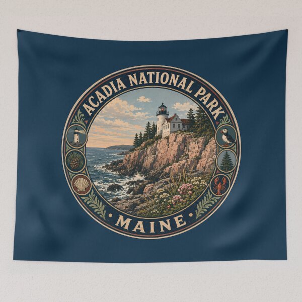 Artikelvorschau, Illustration zum Acadia-Nationalpark in Maine – Reisekunst-Abzeichen entworfen und verkauft von KrisSidDesigns.