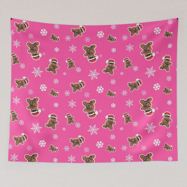Item preview, Gingerbread man with cat and snowflakes pattern on pink designed and sold by TurquoiseChicken.