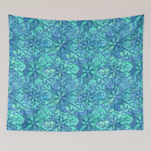 Item preview, Aqua Swirl Doodle Flowers - Blue Marble Pattern designed and sold by OddBloomPNG.