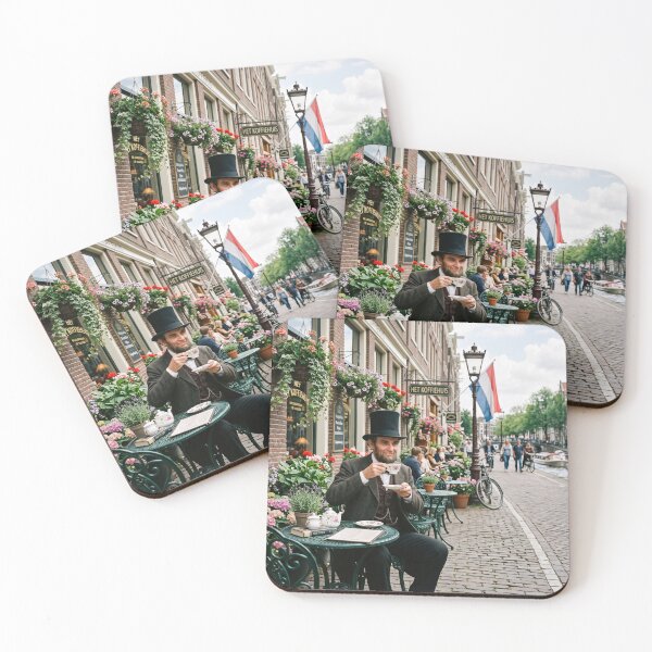 Item preview, Abraham Lincoln Drinking Tea at Amsterdam Canal Cafe designed and sold by NiceArtsPlace.