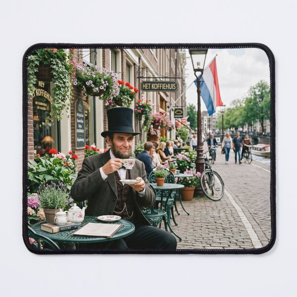 Item preview, Abraham Lincoln Drinking Tea at Amsterdam Canal Cafe designed and sold by NiceArtsPlace.